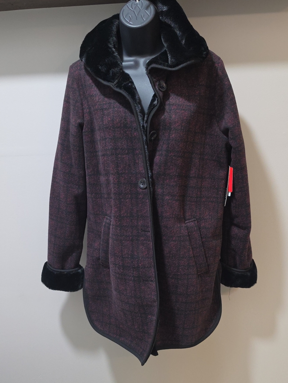 Ike Behar Burgundy Plaid Coat with Black Faux-Fur Trim